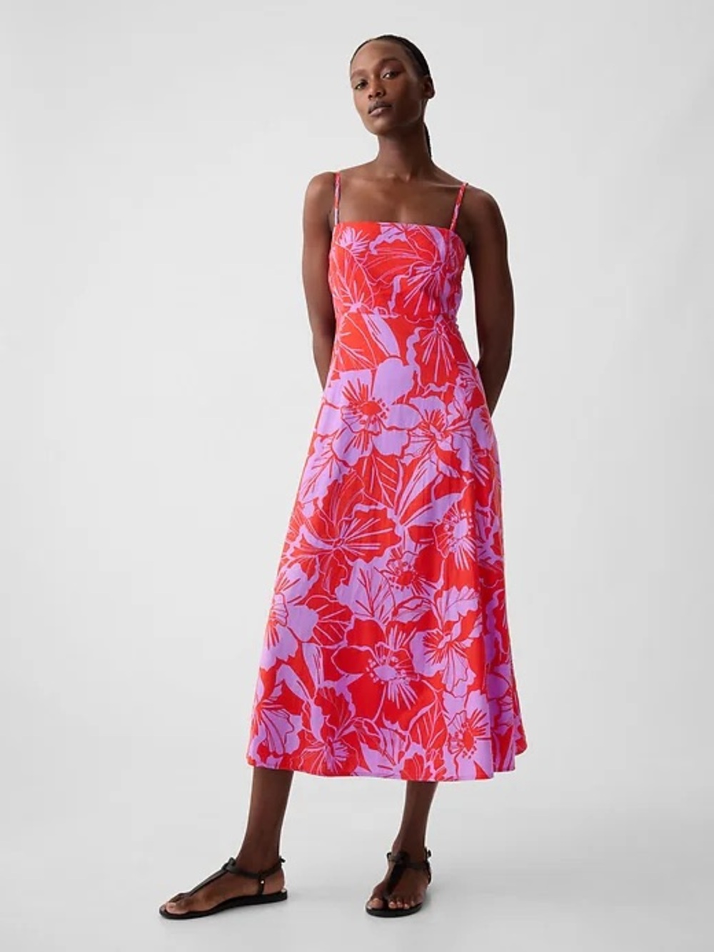 Gap Linen-Blend Midi Dress in Purple Lilac and Red Coral Floral Size Small Tall